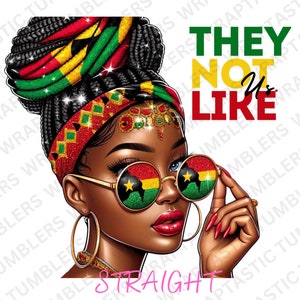 Peut inclure: Illustration numérique d'une femme noire avec un turban rouge, jaune et vert et des lunettes de soleil. Les lunettes de soleil ont le drapeau du Ghana sur les verres. Le texte "They Not Us Like Straight" est en arrière-plan.