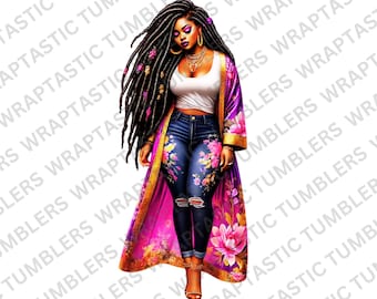 Envoltura para vaso con imágenes prediseñadas de la Reina Afro Locs: Arte inspirador de mujeres negras (descarga digital PNG y SVG) y frases de afirmaciones positivas.