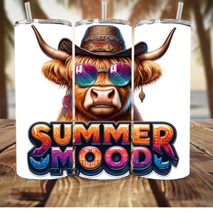 Summer Retro Highland Cow Tumbler Wrap, Peakaboo Cow, Western Highland Cow Png, Cowboy Style Tumbler Wrap Png, Western Png, Cow Beach Vibes