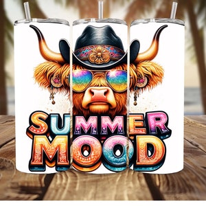 Summer Mood Highland Cow Tumbler Wrap, Peakaboo Cow, Western Highland Cow Png, Cowboy Style Tumbler Wrap Png, Western Png, Floral Cow Svg