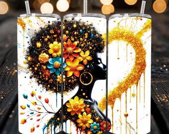 Black Queen Affirmations Tumbler PNG: Floral Afro Wrap (20oz Skinny, Digital Download