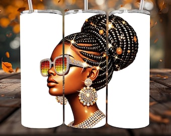Black Woman Thanksgiving Tumbler Wrap: Afro Messy Bun PNG (Digital Download)