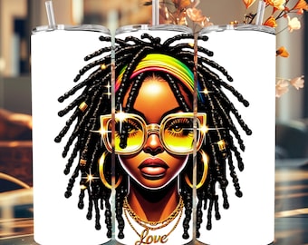 Afro Queen Tumbler Wrap: Rastas con mariposas, historia afroamericana (PNG, SVG)