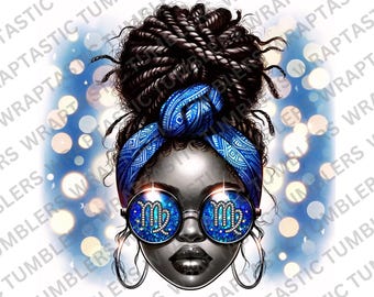 May include: Illustration of a woman with dark hair styled in a bun, wearing a blue bandana and round sunglasses. The sunglasses feature the Virgo zodiac symbol. The background has a blue gradient with bokeh lights.