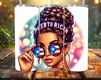 Tumbler Wrap Puerto Rican Pride: design con chignon spettinato Boricua (PNG)