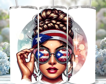 Puerto Rico Messy Bun 20oz Tumbler Wrap: Boricua Flag PNG (Digital Download)