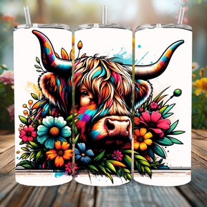 Highland Cow Tumbler Wrap, Peakaboo Cow, Western Highland Cow Png, Cowboy Style Tumbler Wrap Png, Western Png, Floral Cow Svg, Graffiti