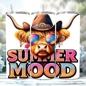 Moody Summer Highland Cow Tumbler Wrap, Peakaboo Cow, Western Highland Cow Png, Cowboy Style Tumbler Wrap Png, Western Png, Cow Beach Vibes