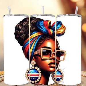 May include: White stainless steel tumbler featuring a vibrant illustration of a woman with a colorful head wrap, large square sunglasses, and ornate earrings. The design is a digital art portrait with a bold color palette.