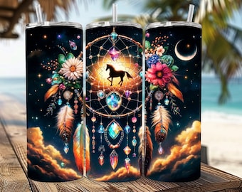 Celestial Horse Dreamcatcher Tumbler Wrap: Boho Floral PNG (Digital Download)
