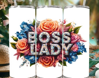 May include: White stainless steel tumbler with a floral design and the text "Boss Lady" in sparkly letters.