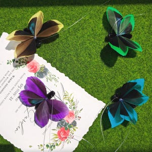 May include: Four decorative butterfly hair clips in yellow, green, blue, and purple. Each butterfly has a black center and delicate feather wings. The butterflies are arranged on a green surface with a floral card.