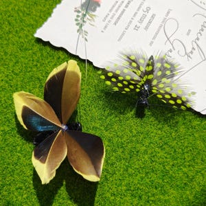 May include: Two decorative butterfly ornaments made of feathers. One butterfly has yellow, brown, and blue feathers. The other has black and white feathers with green polka dots. The butterflies are on a green surface with a greeting card.