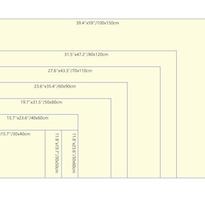 K&ouml;nnte beinhalten: Ein Diagramm mit Rechtecken unterschiedlicher Gr&ouml;&szlig;e, mit Abmessungen in Zoll und Zentimetern. Das gr&ouml;&szlig;te Rechteck ist 39,4" x 59" (100x150cm), das kleinste 11,8" x 15,7" (30x40cm).
