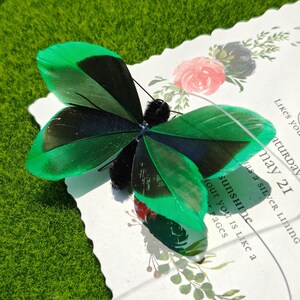May include: A decorative butterfly with green and black feathered wings. The butterfly has a black body and antennae. The butterfly is resting on a white card with text and floral accents. The card is on a green surface.