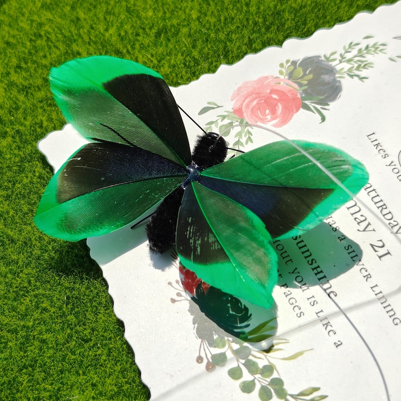 May include: A decorative butterfly with green and black feathered wings. The butterfly has a black body and antennae. The butterfly is resting on a white card with text and floral accents. The card is on a green surface.