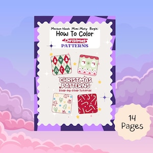 Op de afbeelding: Een boekomslag met de titel "How To Color Christmas Patterns" door Maison Nook Mimi Moty Bogiki. De cover toont vier geïllustreerde kerstpatronen en de tekst "Step-by-step tutorial". Het boek heeft 14 pagina's.