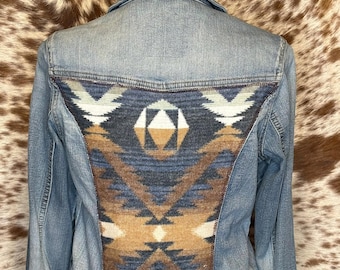 Upcycled Western Jean Jacket, Blue Aztec Pendleton Wool, Size M