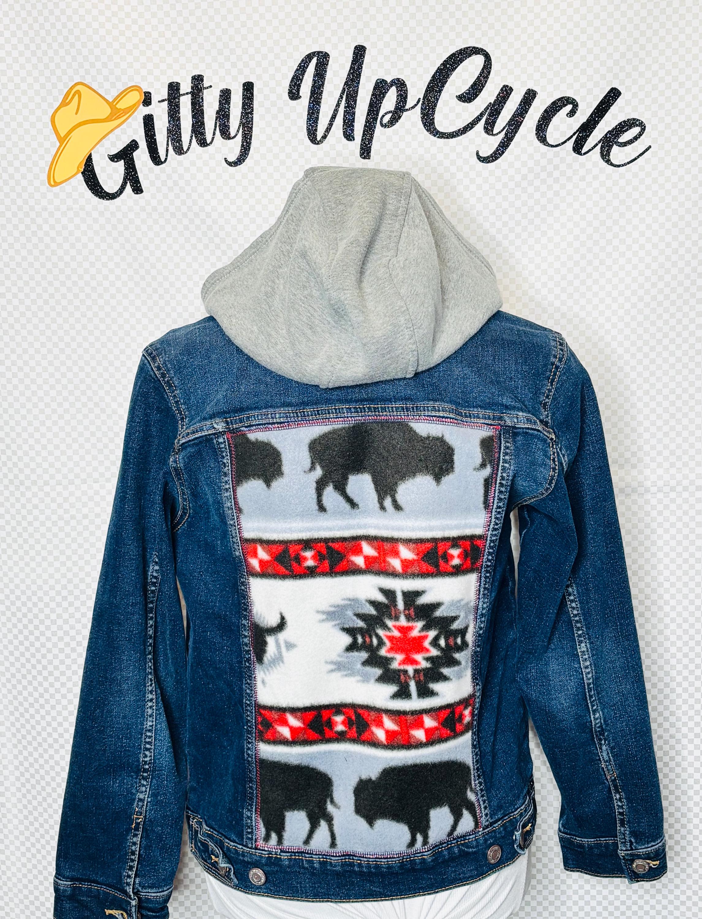 Chaqueta vaquera reciclada con capucha y estampado western de búfalo - XL