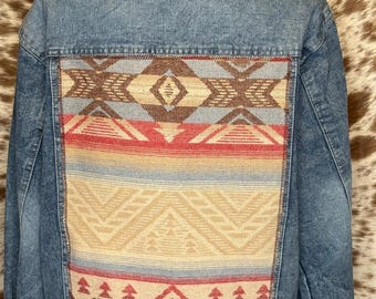 OOAK UpCycled Western Jean Jacket w/Pink Blue Tan Navajo theme Wool-XL