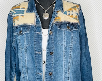 UpCycled Western jean jacket with Aztec cream, rust and blue wool -L