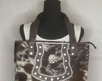 Genuine cowhide western shoulder strap purses with rhinestone & conch accents