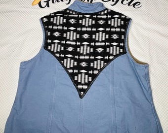 UpCycled Western Custom light blue Carhartt Vest w/b&w Aztec print "2XL"