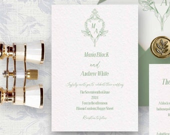 Monogram Baroque Frame Printable Wedding Invitation Template Set, Dusty Green Editable Elegant Invites, Classic Wedding Details RSVP Cards
