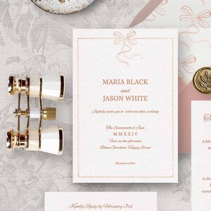 Conjunto de modelos de convite de casamento com laço rosa coquete editável - convites elegantes, detalhes clássicos e cartões RSVP