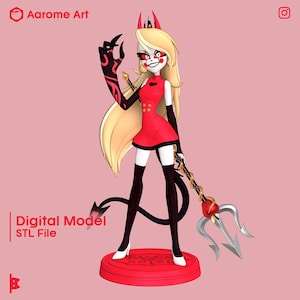 Op de afbeelding: Een digitaal model STL-bestand van een stripfiguur in een rode jurk, zwarte handschoenen en laarzen, met een drietand. Het personage heeft blond haar, rode ogen en een wit gezicht. De figuur staat op een rode cirkelvormige basis.