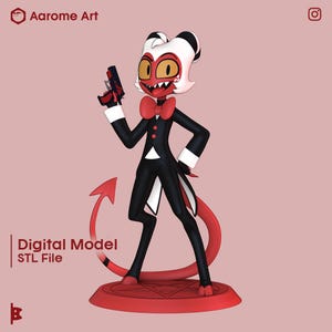 May include: A digital model of a cartoon character in a black tuxedo with a red bow tie, holding a gun. The character has white hair, red eyes, and a red tail. The model is on a red circular base. Text reads "Digital Model STL File".