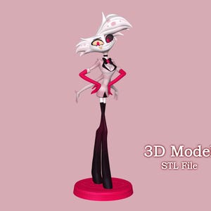 Op de afbeelding: Een 3D-geprint model van een wit en roze cartoonfiguur met zwarte en rode accenten. Het figuur staat op een rode basis. De tekst "3D-model STL-bestand" is zichtbaar in de afbeelding.
