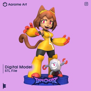 Può includere: Modello digitale stampato in 3D di un personaggio a tema gatto in un completo giallo e nero, con coda e orecchie abbinate. Il personaggio è in piedi su una base blu con le parole "GAME OVERSE" e una piccola figura di robot. È presente anche il testo "Digital Model STL File".