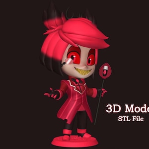 Puede incluir: Modelo 3D impreso de un personaje de dibujos animados con cabello rojo, un traje rojo y un sombrero de copa negro y rojo. El personaje sostiene un bastón rojo y negro. El modelo está etiquetado como "Modelo 3D Archivo STL".