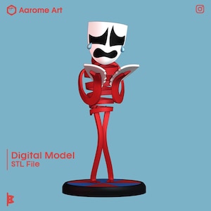 Puede incluir: Una figura renderizada en 3D de una máscara de teatro llorando sosteniendo un libro, con un cuerpo rojo y una máscara blanca. La figura está sobre una base redonda con rayas rojas, azules y negras. El texto "Digital Model STL File" está a la izquierda.