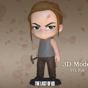 May include: A 3D printed model of a young woman with brown hair, wearing a grey tank top and brown pants. She is holding a small hammer in her right hand. The model is standing on a base with the words "The Last of Us" printed on it. 3D Model STL File