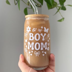 Boy Mom Glass Tumbler with Bamboo Lid and Straw | 16oz Iced Coffee Cup | Cute Gifts for Moms | Handmade Glass Cup | Mom Life Drinkware
