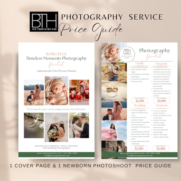 Photography Pricing Guide Template, Service and Price Options List, Photo Packages, Photographer Client Guide,  Photography Session,