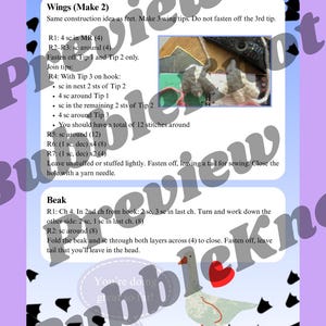 May include: A crochet pattern sheet with instructions for making wings and a beak. The instructions include diagrams and stitch counts. A cartoon pigeon illustration is at the bottom, with a red heart and the text "You're doing great so far!"