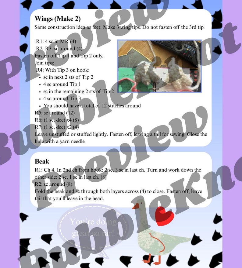 May include: A crochet pattern sheet with instructions for making wings and a beak. The instructions include diagrams and stitch counts. A cartoon pigeon illustration is at the bottom, with a red heart and the text "You're doing great so far!"