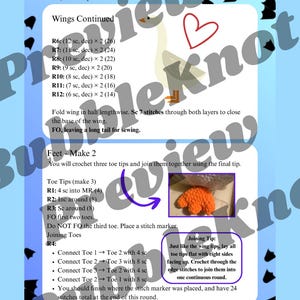 May include: A crochet pattern page with instructions for making wings and feet. The text includes abbreviations and steps for each round, with an orange crochet foot example. The page has a blue background with a white border.
