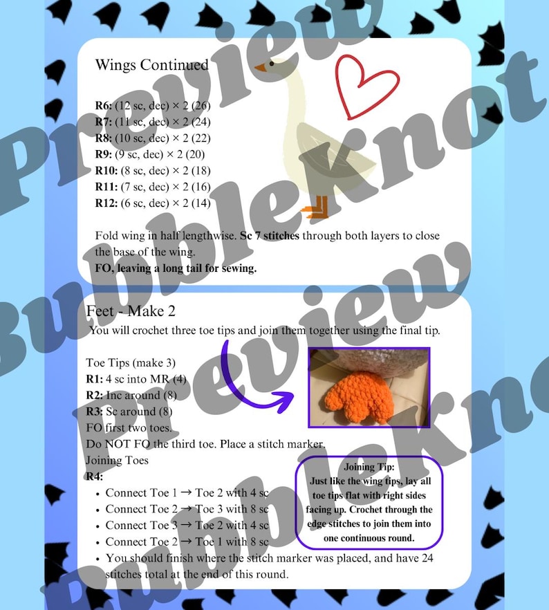 May include: A crochet pattern page with instructions for making wings and feet. The text includes abbreviations and steps for each round, with an orange crochet foot example. The page has a blue background with a white border.