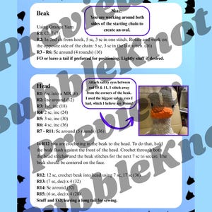May include: A crochet pattern with instructions for creating a duck. The instructions are written on a blue and white background. The pattern includes steps for the beak and head, with diagrams and notes.