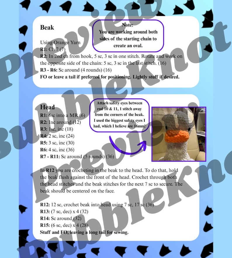 May include: A crochet pattern with instructions for creating a duck. The instructions are written on a blue and white background. The pattern includes steps for the beak and head, with diagrams and notes.