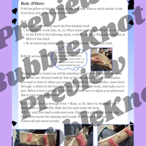 May include: A crochet pattern page with instructions for creating a pillow. The text includes steps for the body, feet, and assembly, with stitch markers and abbreviations. The page features a preview watermark.