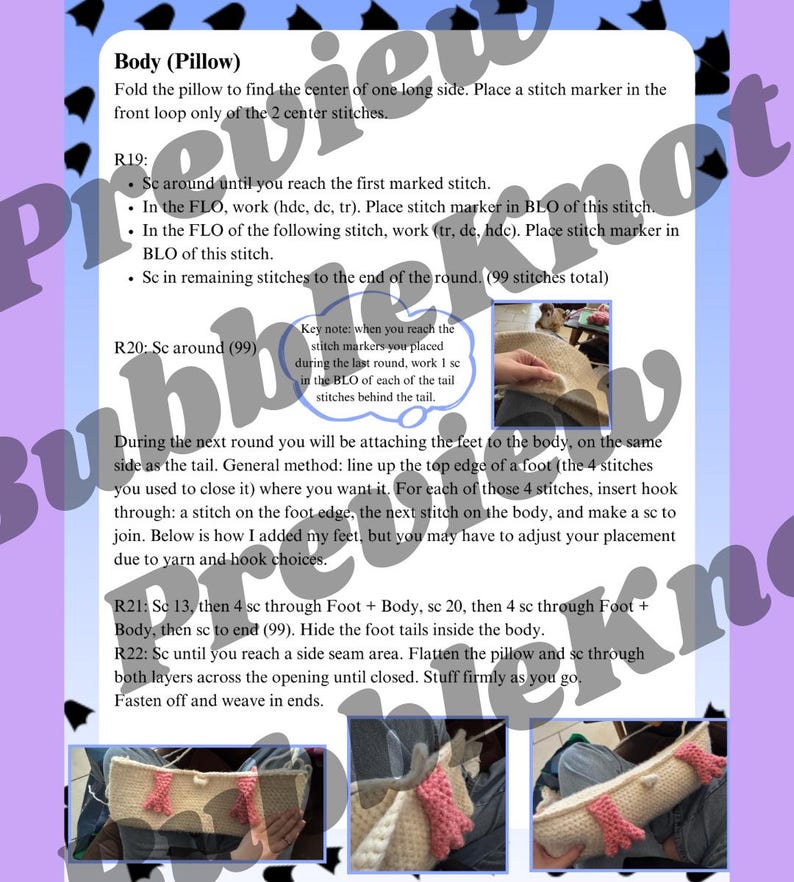 May include: A crochet pattern page with instructions for creating a pillow. The text includes steps for the body, feet, and assembly, with stitch markers and abbreviations. The page features a preview watermark.