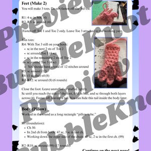 May include: A crochet pattern page with instructions for making a pillow and feet. The text is in black font on a white background, with pink crochet feet in the image. The page has a purple and black border.