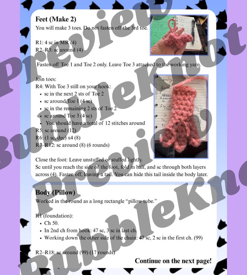 May include: A crochet pattern page with instructions for making a pillow and feet. The text is in black font on a white background, with pink crochet feet in the image. The page has a purple and black border.