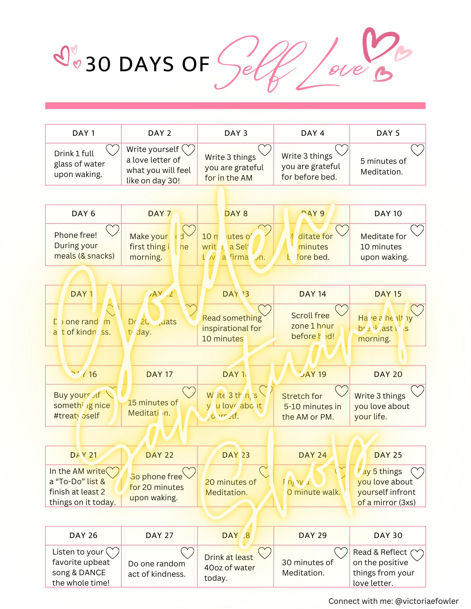 30 Day Self Love Calendar Etsy