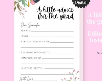 Graduation Advice Card Template, Words of Wisdom for Graduate (Digital Download)